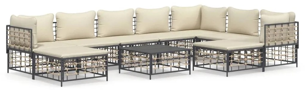 10 részes antracitszürke polyrattan kerti ülőgarnitúra párnával