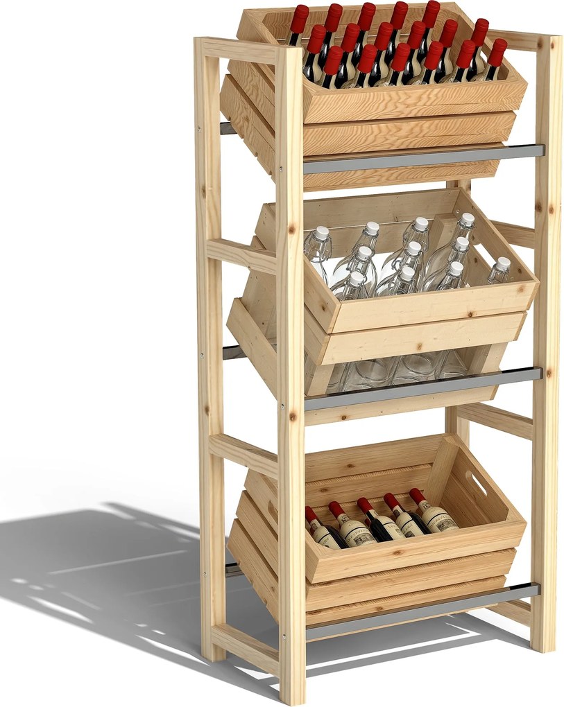 Outsunny 3 Fakkos Italrakás Fa Rakodóasztal Teraszon, 150 kg Teherbírás, 56 x 32 x 112 cm Természetes Fa | Aosom