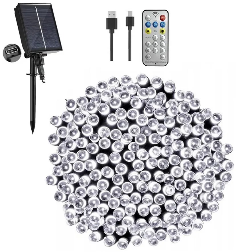 21,6 m-es 480 LED-es fényfüzér, hybrid tölthető-napelemes, hideg fehér, 8 világítási mód, időzíthető, távvezérlős