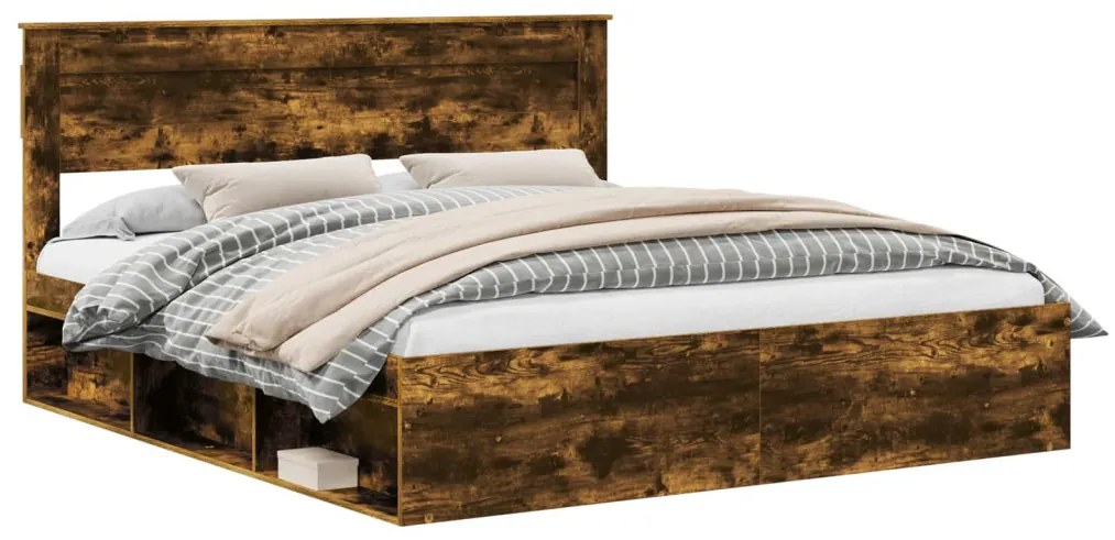 vidaXL Ágykeret fejtámlával Füstölt tölgy 200 x 200 cm Tömör fenyőfa