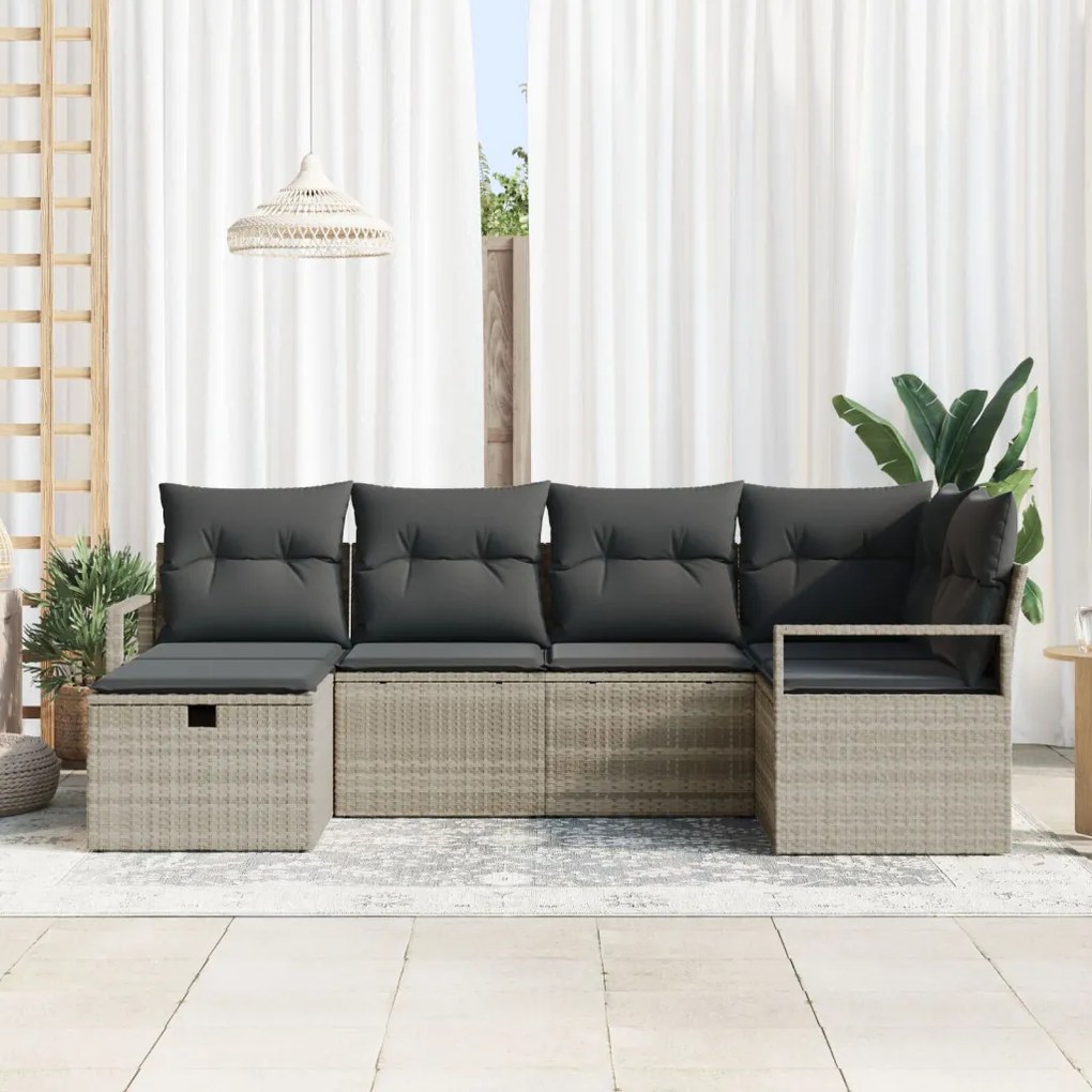 6 részes kertibútor szett párnákkal, világosszürke poli rattan, 2 személyes kertibútor párnákkal, szürke poli rattan