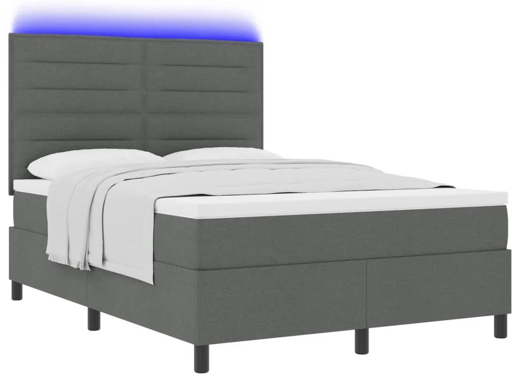 vidaXL rugós ágy matraccal és LED világítással, sötétszürke, 140 x 200 cm, szövet