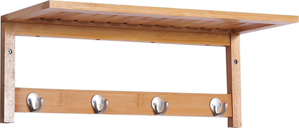 HOMCOM Bambusz Fali Kabátakasztó Polc Törölköző Akasztóval 4 Horgos A Bejáratba, Nappaliba, Fürdőszobába, Előszobába, Hálószobába 50x16x17.5 cm Teherb