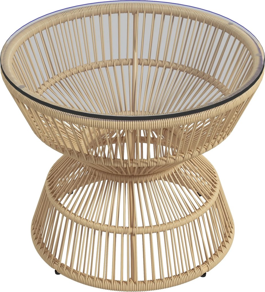 Outsunny Rattan Oldal asztal, Ø60 cm Kávézóasztal Kertasztal Edzett Üveg Asztallappal, Balkon Asztal Boho Dizájnban, Kávézóasztal a Kerthez, Balkonhoz