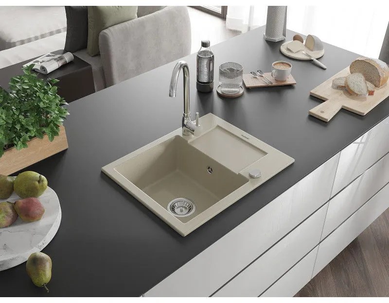 Mexen Enzo, gránit mosogató 576x465x174 mm, 1 kamrás, Telma króm csaptelep, bézs, 6506-69-670200-00