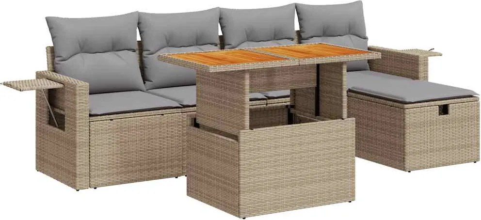 vidaXL 6 részes bézs polyrattan akácfa kerti ülőgarnitúra párnával