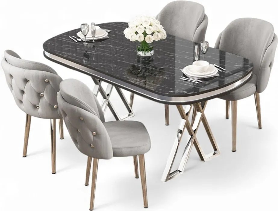 Zae étkezőgarnitúra, fekete márvány-króm, 168 cm – TR240CHR3078