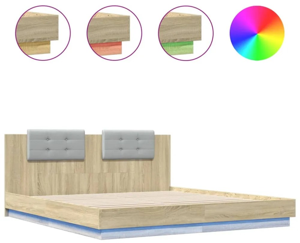 sonoma tölgy színű ágykeret fejtámlával és LED-ekkel 200x200 cm
