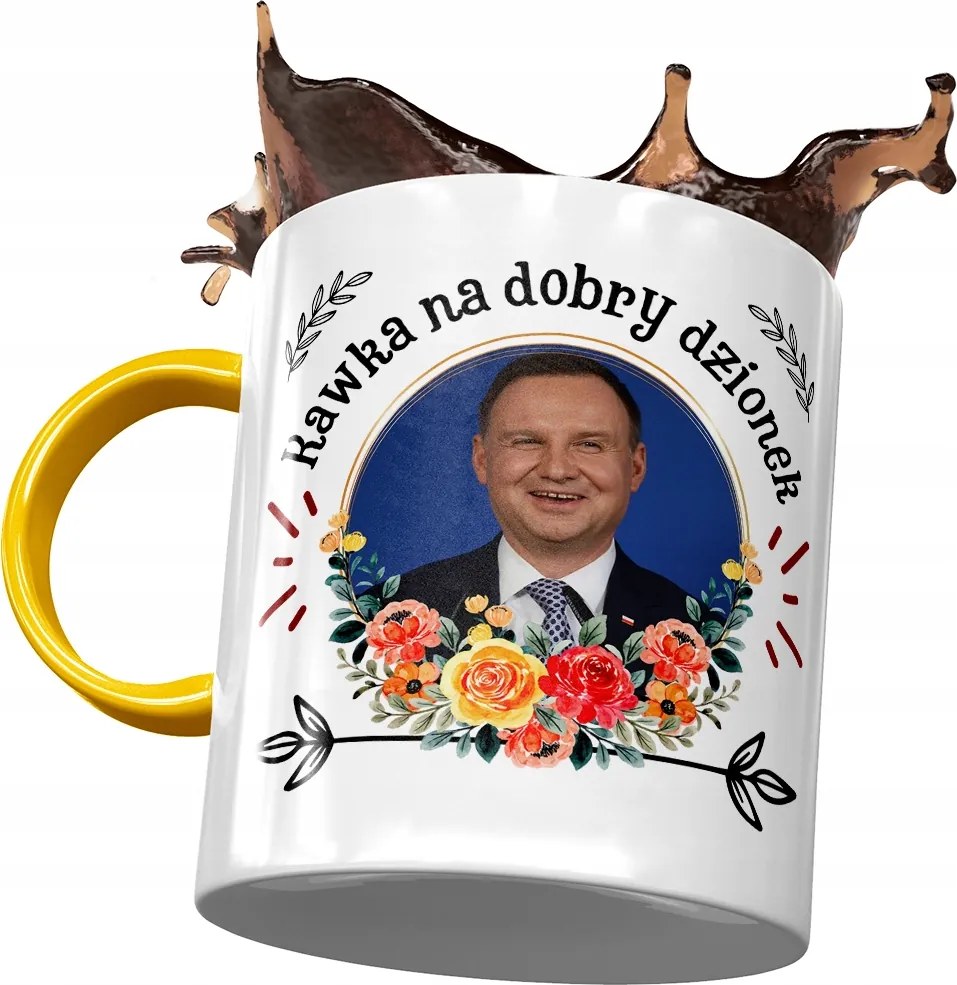Sárga bögre Andrzej Duda PiS elnök Ajándék Nyomtatott Fotóval