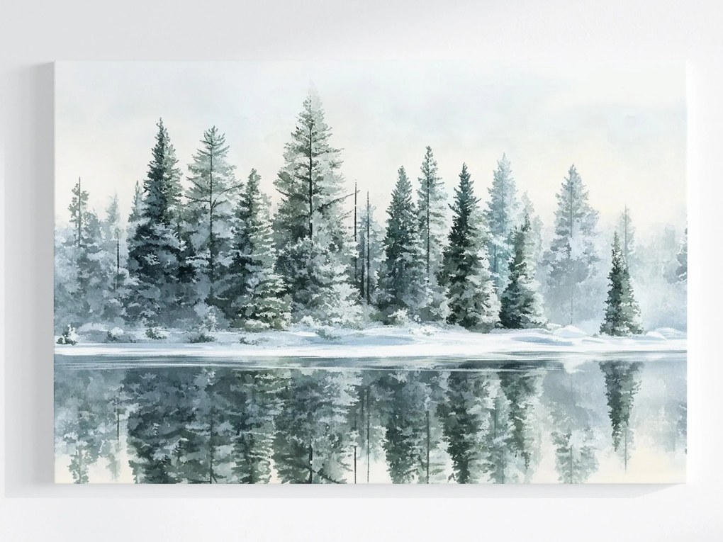 Vászonkép Canvas Tél Tájkép Erdő Hó Tó Tükröződés Fa 120x80