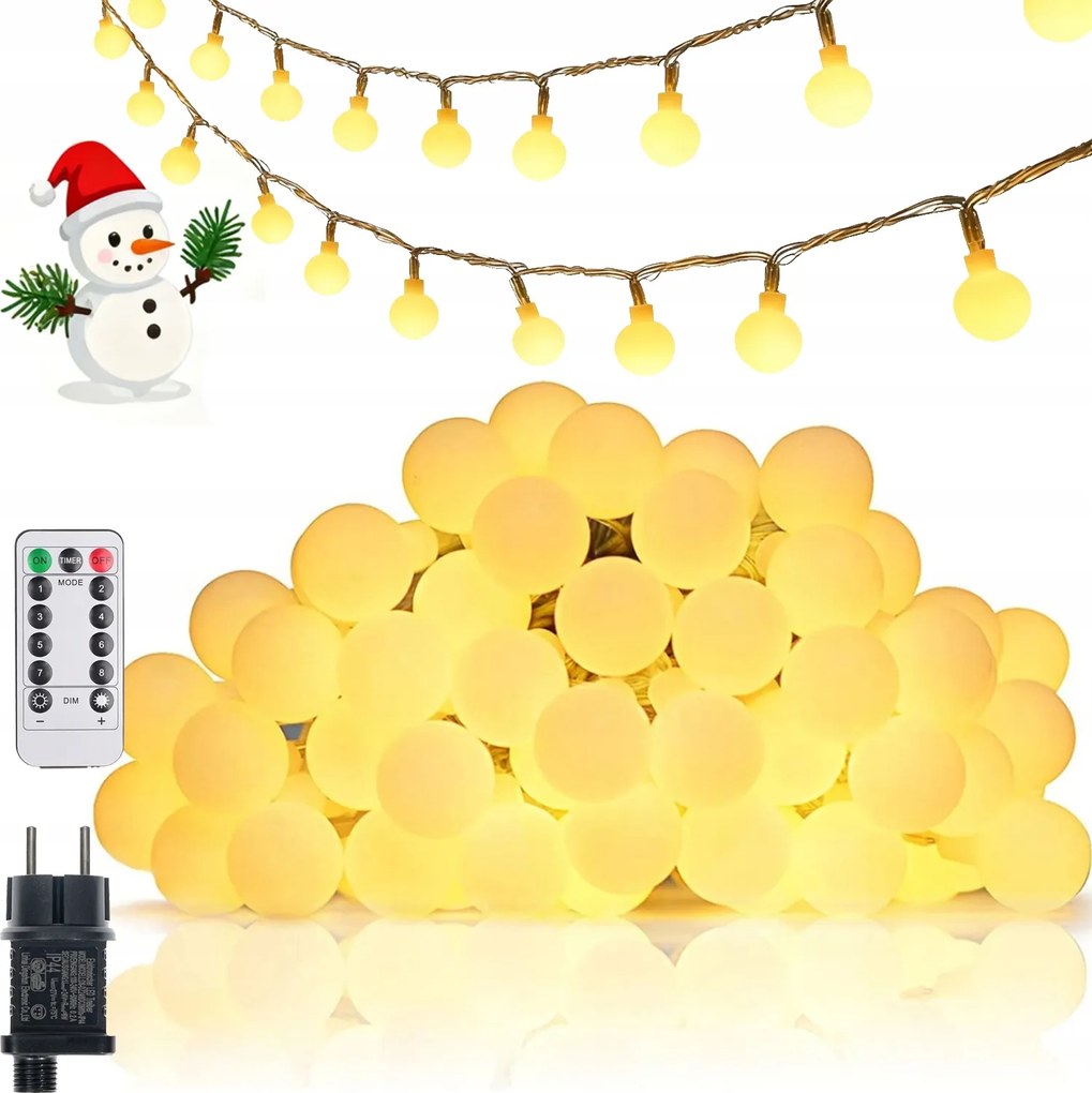 100 gömb alakú Led karácsonyfa fényfüzér, kerti dísz 15m meleg fehér