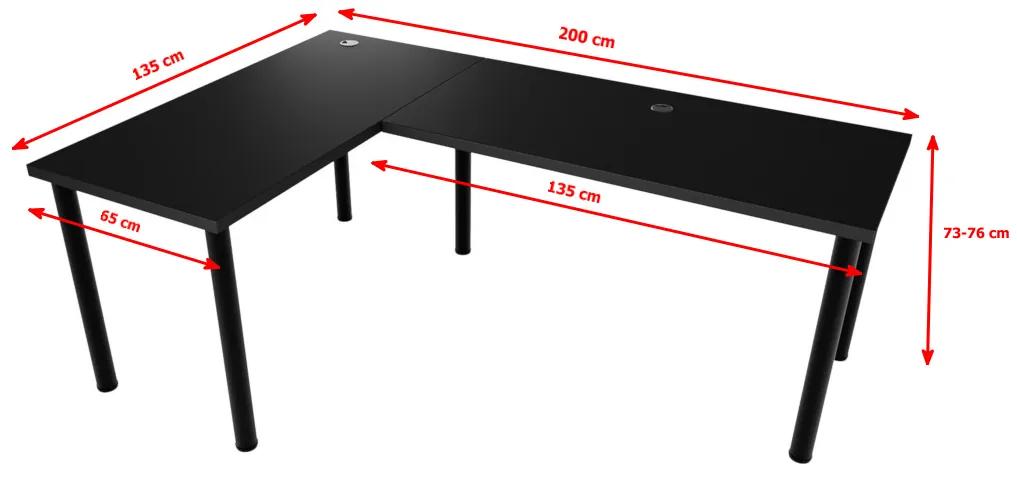 N sarok számítógépasztal LED, 200/135x73-76x65, fekete, jobb