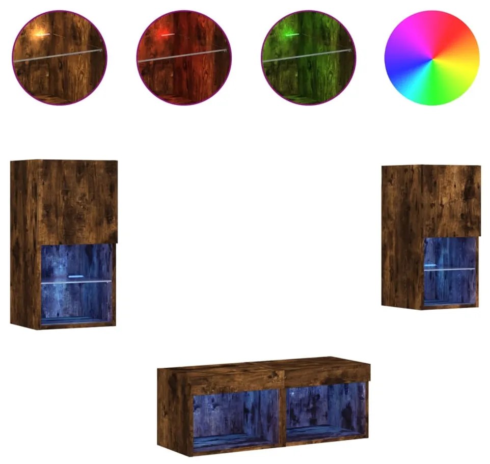 4 darab füstös tölgy színű falra szerelhető TV-szekrény LED-del