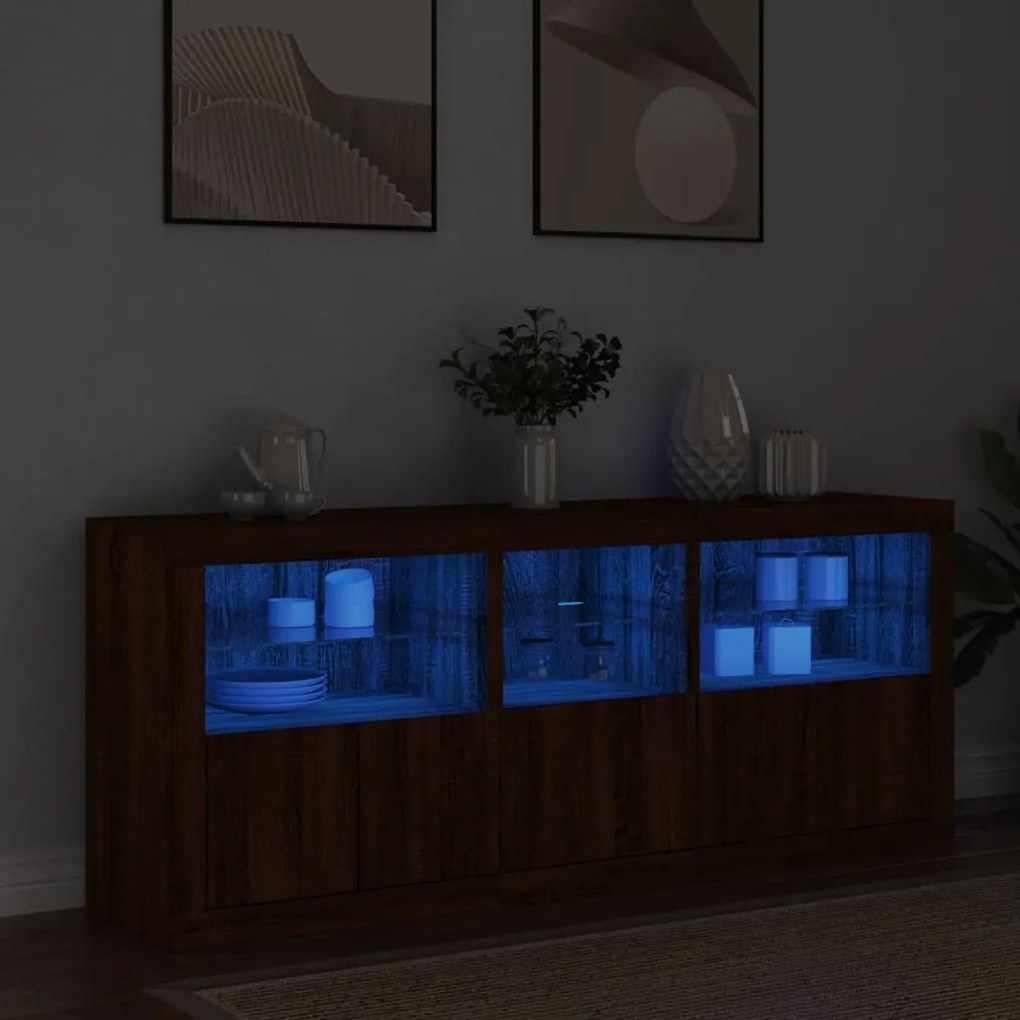barna tölgy színű tálalószekrény LED-ekkel 162 x 37 x 67 cm