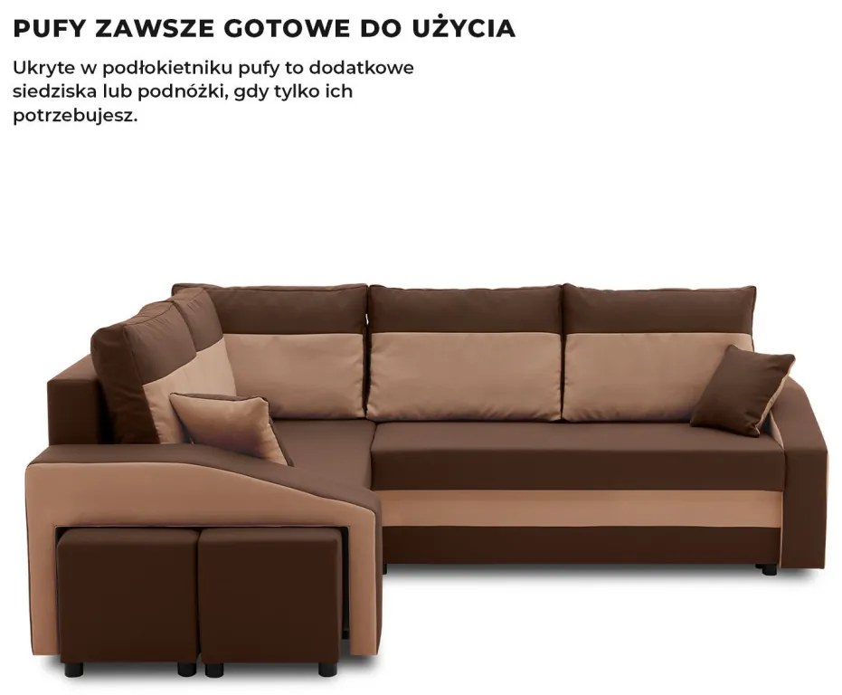 Grande sarokkanapé polcokkal és puffokkal , polc a jobb karfaban puffok a bal karfaban, baloldali, szövet anyag, bonell töltet, barna