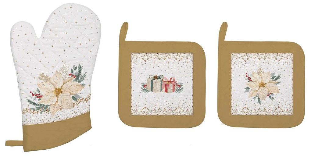 Karácsonyi mikulásvirág mintás Edényalátét 2 db és edényfogó kesztyű 1 db pamut White Elegance