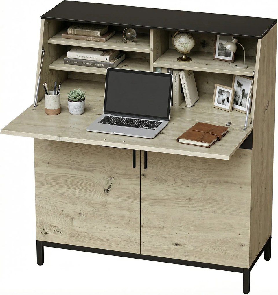 HOMCOM 100 cm lehajtható íróasztal — modern ipari számítógépasztal polcokkal és szekrénnyel, natúr fa/fekete | Aosom
