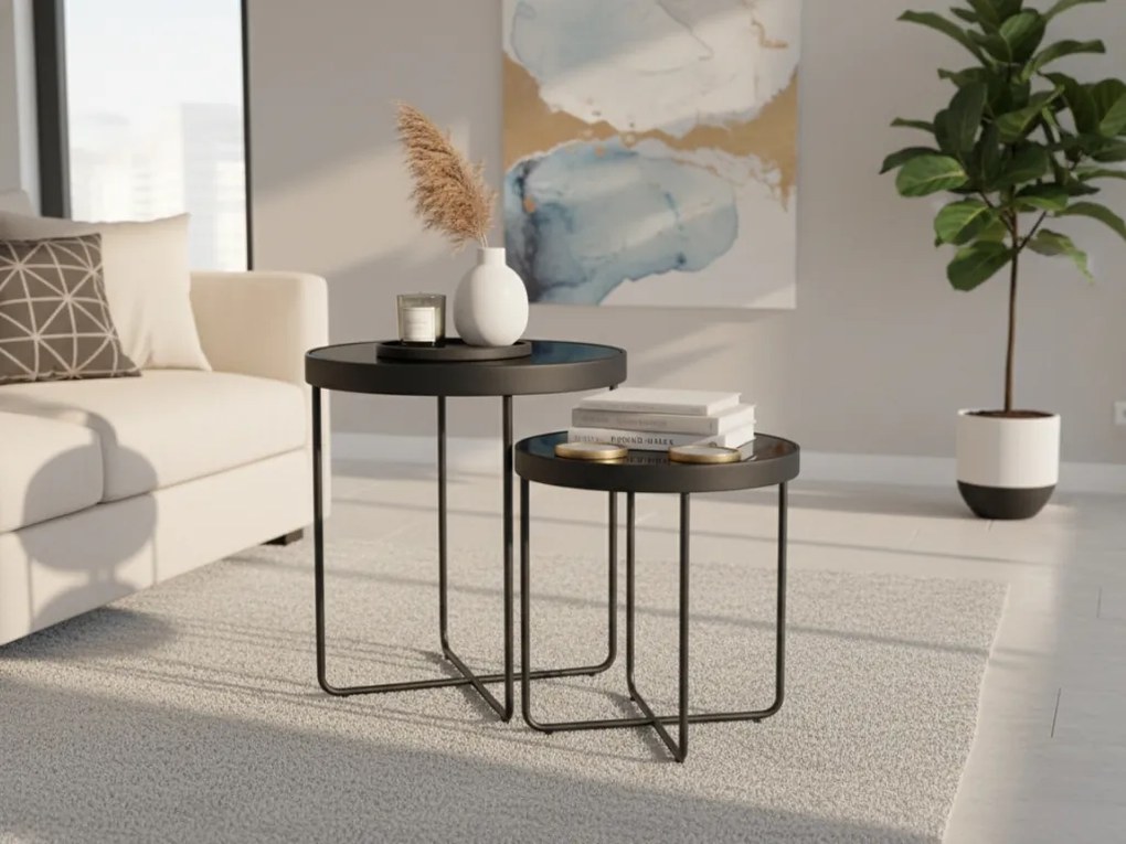 ATENA GLASS lerakóasztal szett 2 db Ø 40/45 cm, fekete