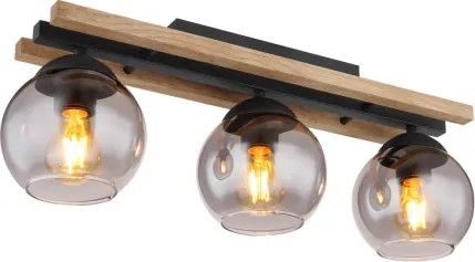 Globo 15569-3DW Mennyezeti lámpa könnyű fém fekete matt, fa sötétbarna, üveg füstszínű, HxSzxM: 600x150x205mm, 3x E27 25W 230V izzók nélkül