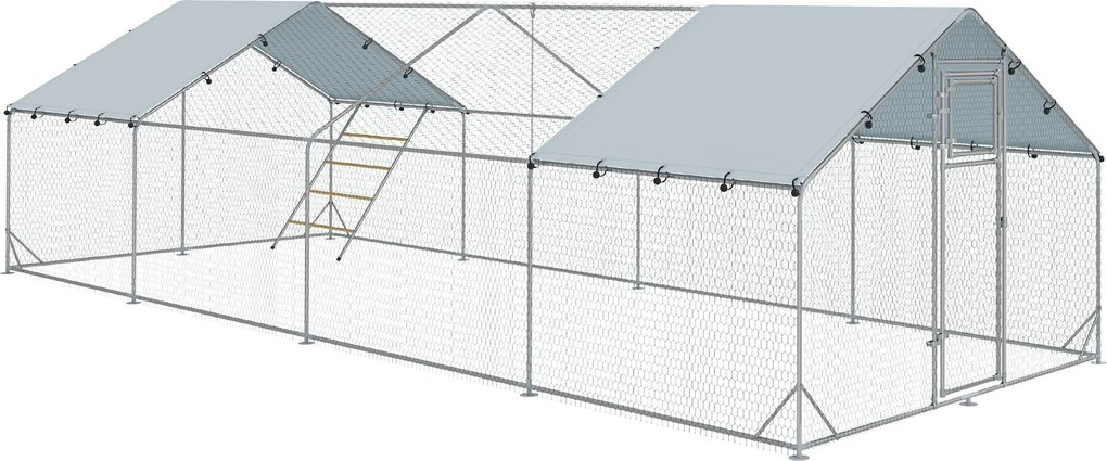 PawHut Elemekkel készült Tyúkól, 3 x 8 x 1,95 m Tyúk ketrec UV-ellenálló fedéllel, Etetőajtóval, Függeszthető Etetővel, Ülőfával, Tyúk Zárkával 24-30