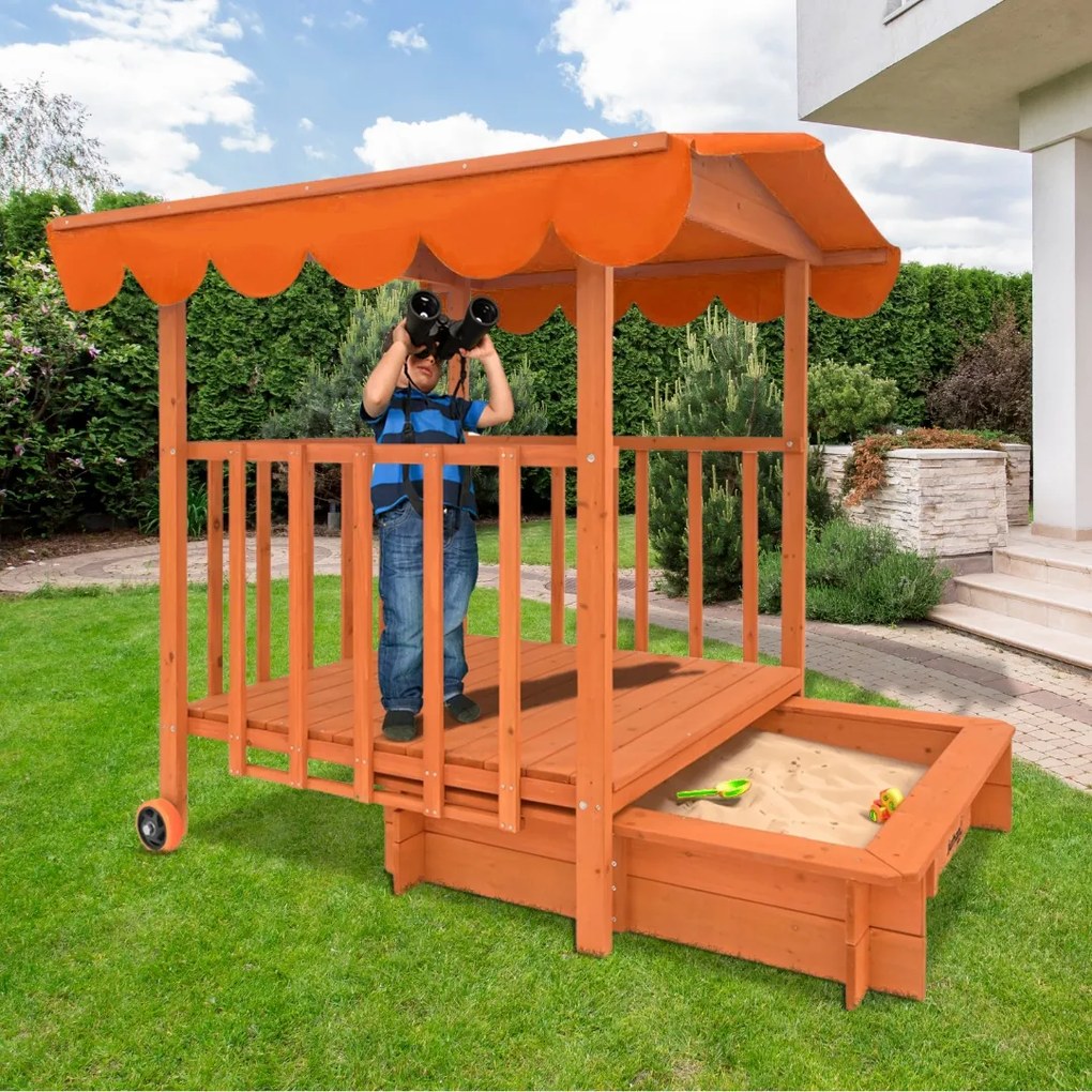 HAPPY verandás homokozó, 130x130x143cm, barna/narancs Jurhan