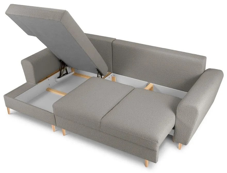 Világosszürke buklé kinyitható tárolóhelyes sarokkanapé (bal oldali-heverő résszel) Kyoto – Cosmopolitan Design