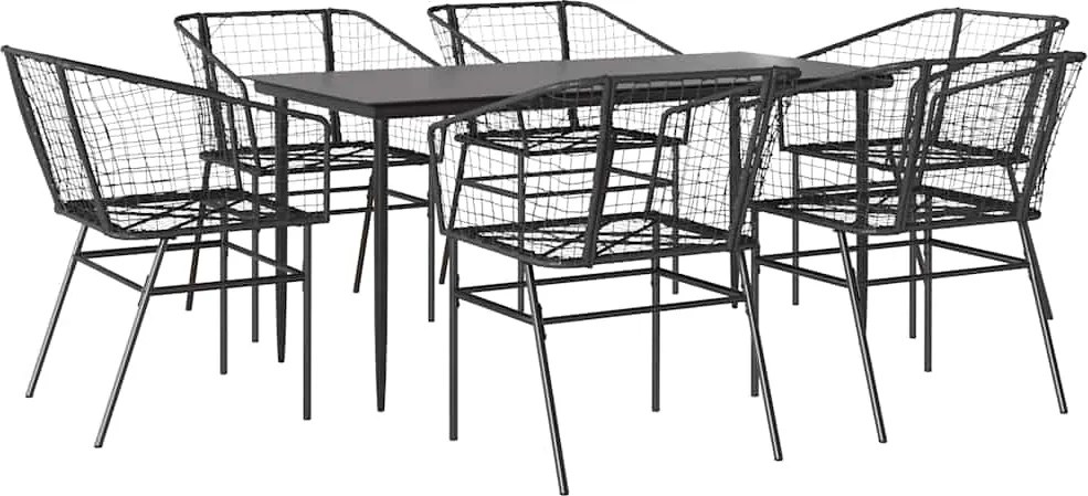vidaXL 7 részes fekete polyrattan üveg kerti étkezőgarnitúra