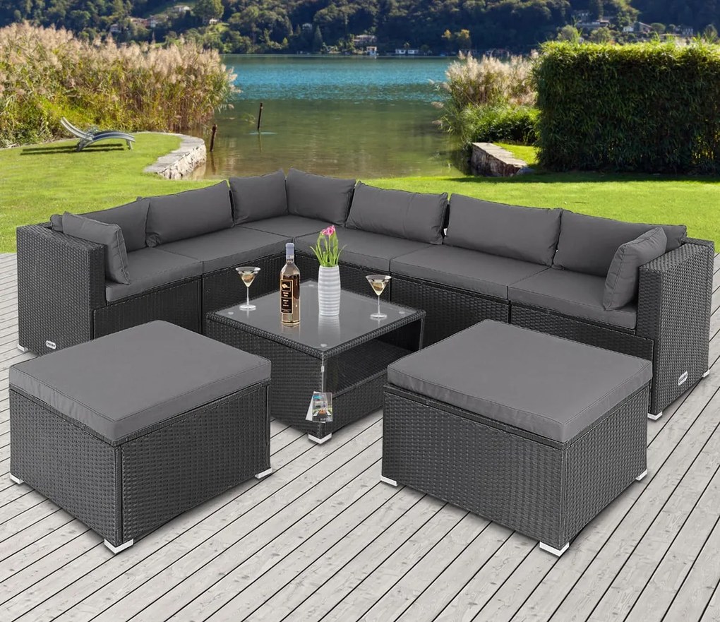 Casaria® Kerti rattan készlet XXL - fekete/antracit párnák