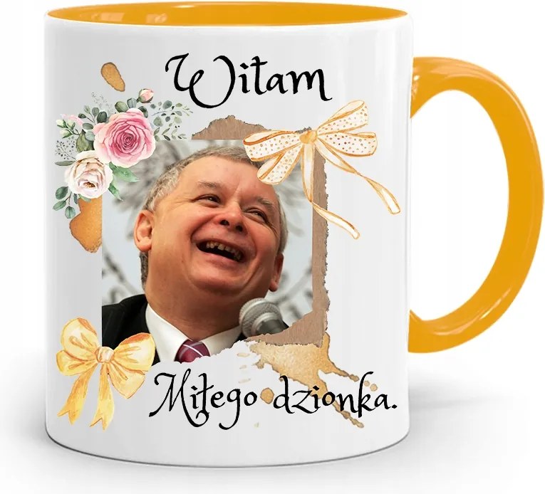 Sárga Vicces Bögre Jaroslaw Kaczynski felirattal, fényképpel