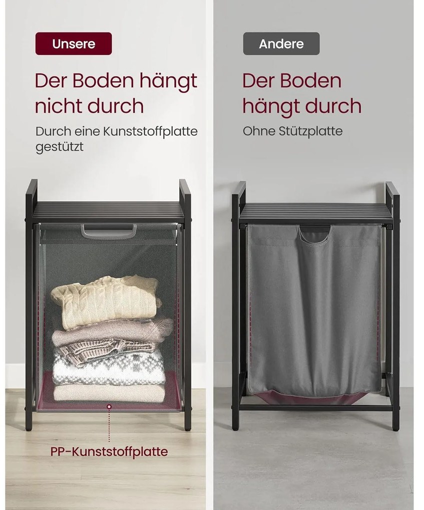 Szennyeskosár, szennyeskosár polccal, 65L, fekete-szürke
