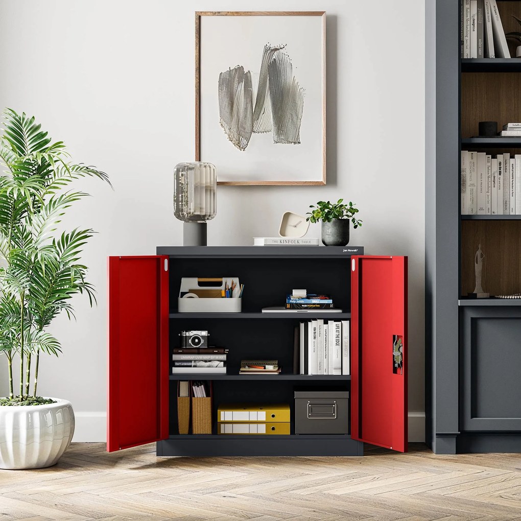 Alacsony fém irattartó szekrény BEATA, 900 x 930 x 400 mm, antracit-piros