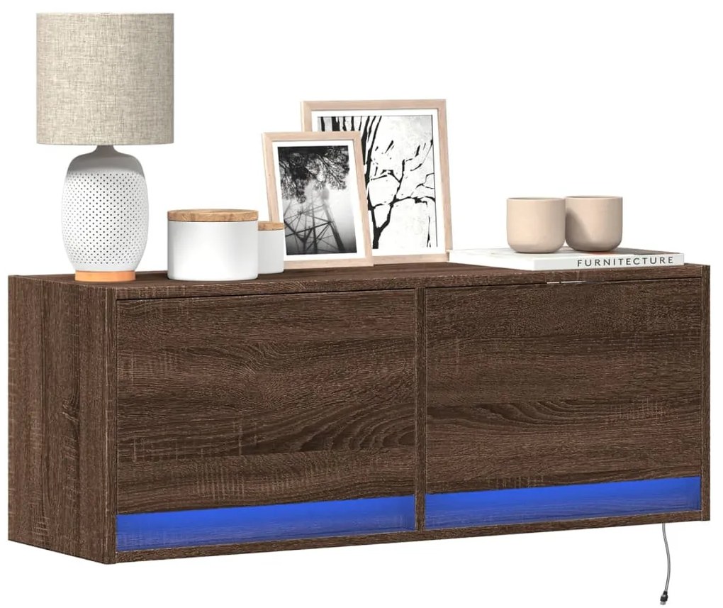 barna tölgyszínű fali TV-szekrény LED-del 100x31x35 cm