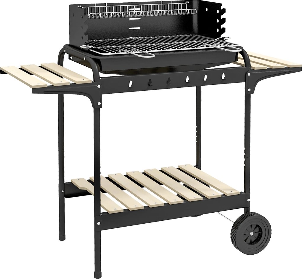 Outsunny Fém Faszenes BBQ Füstölő Grill Kerekekkel, Állítható Magasságú Grill Rács, Fa Polc, Hordozható Grill Kocsi, BBQ Virtuális Szabadtéri Főzéshez