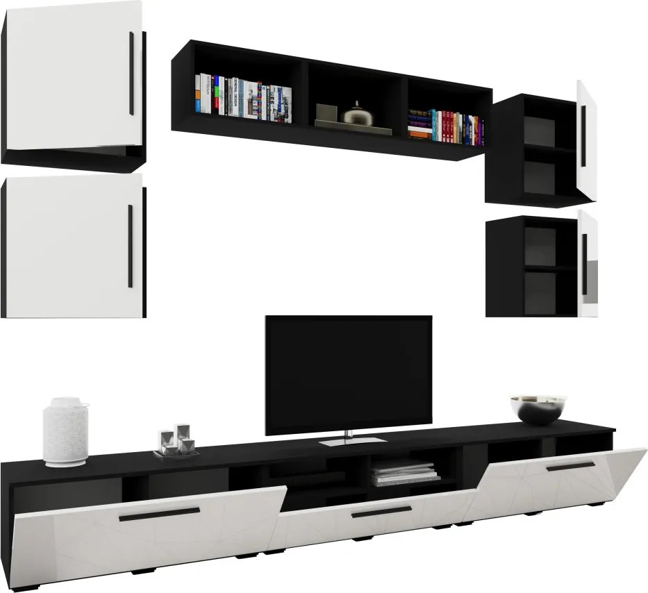 Kos V3 nappali szekrénysor, Fekete / Fényes fehér, MDF, 285 cm