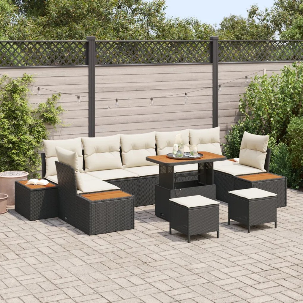 10 darabos kerti kanapé szett párnákkal Fekete Poly Rattan Akácia, 3 darabos kerti étkező szett párnákkal Fekete Poly Rattan Akácia