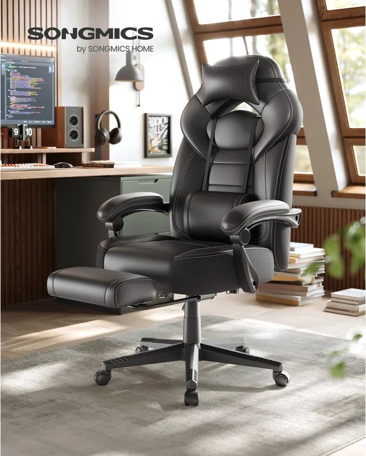 Játékos szék lábtartóval, ergonomikus kialakítással, fekete színben