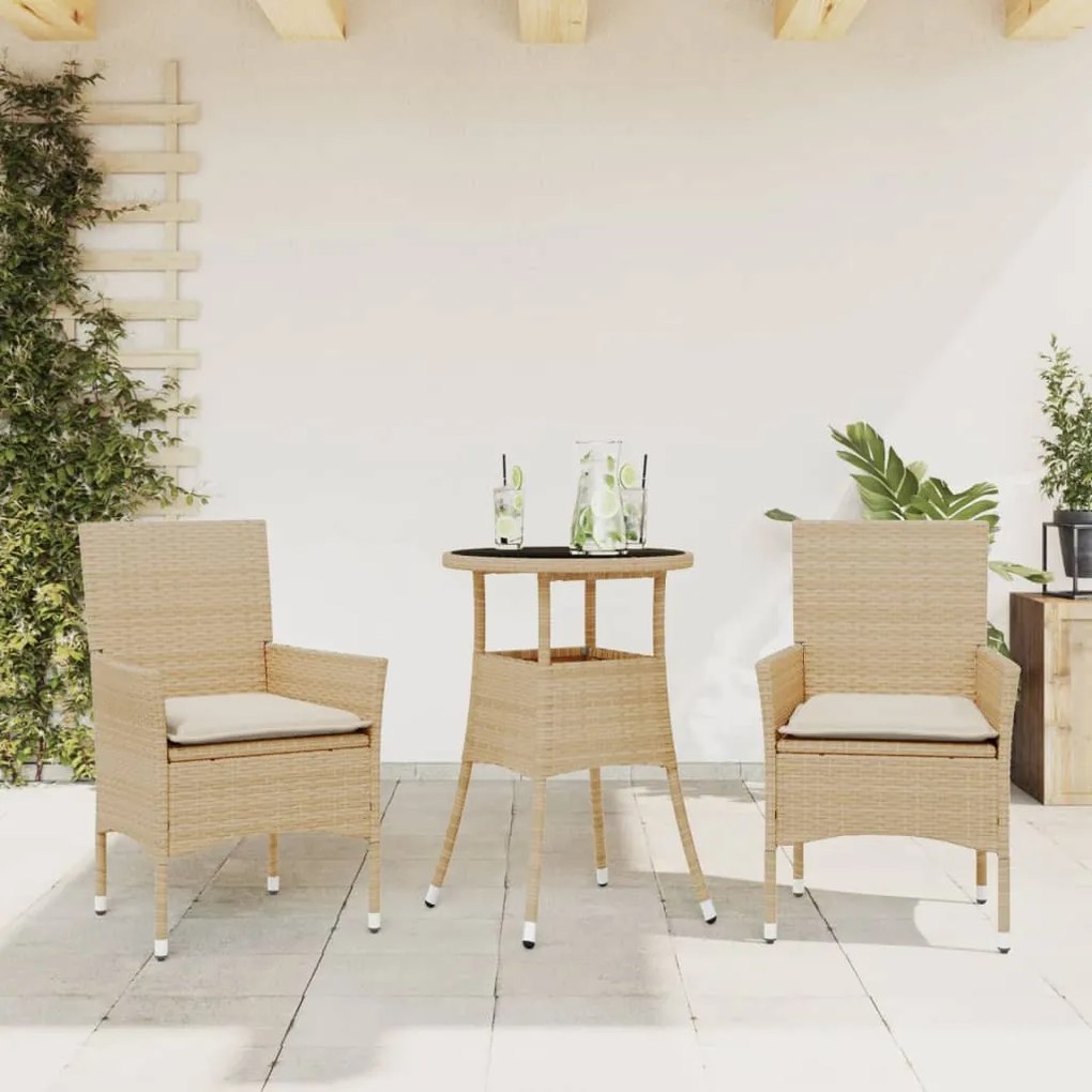 vidaXL 3 részes bézs polyrattan/üveg kerti étkezőgarnitúra párnákkal