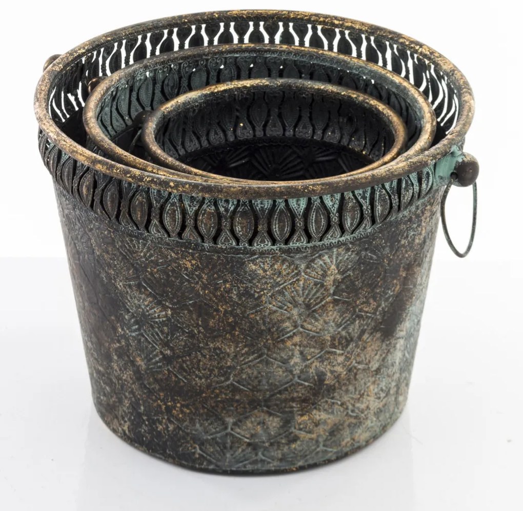 Kaspó 3 db-os szett, sötét arany fém, patinás 22x30.5x27.5 20x25x22 18x20x17cm