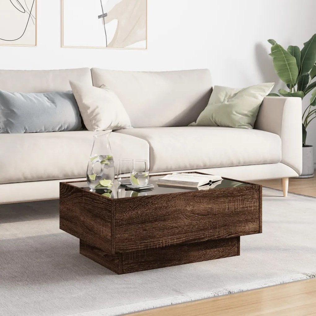 Barna tölgy szerelt fa dohányzóasztal LED-del 70 x 50 x 30 cm
