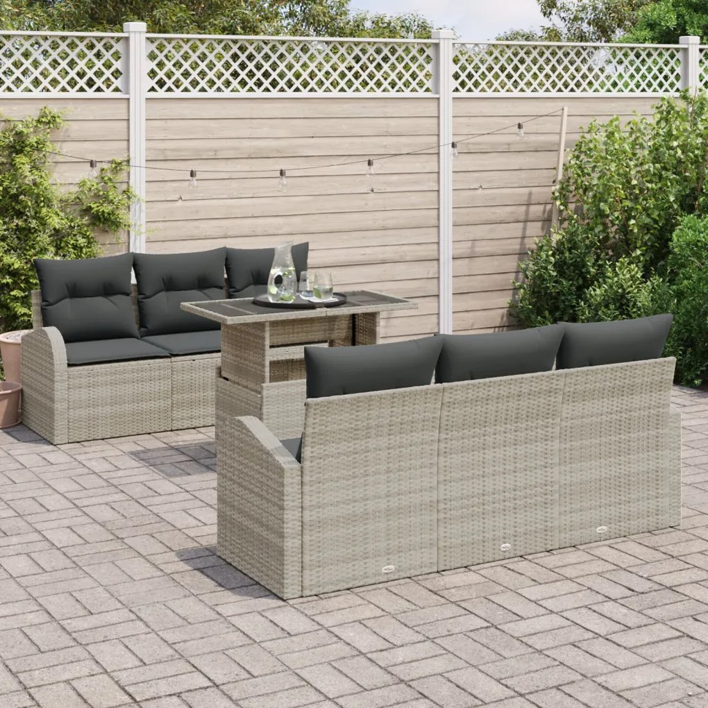 7 darabos kerti kanapé szett párnákkal, világosszürke poli rattan, 2 személyes kerti kanapé tárolóval és párnákkal, világosszürke poli rattan