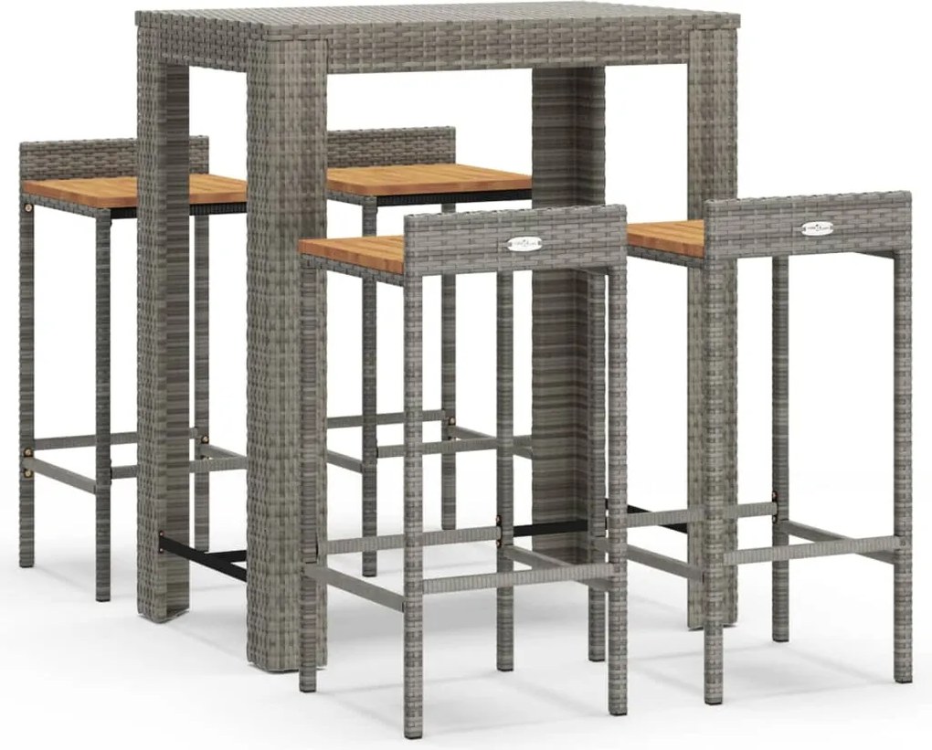 vidaXL 5 részes szürke polirattan és tömör akácfa kerti bárszett