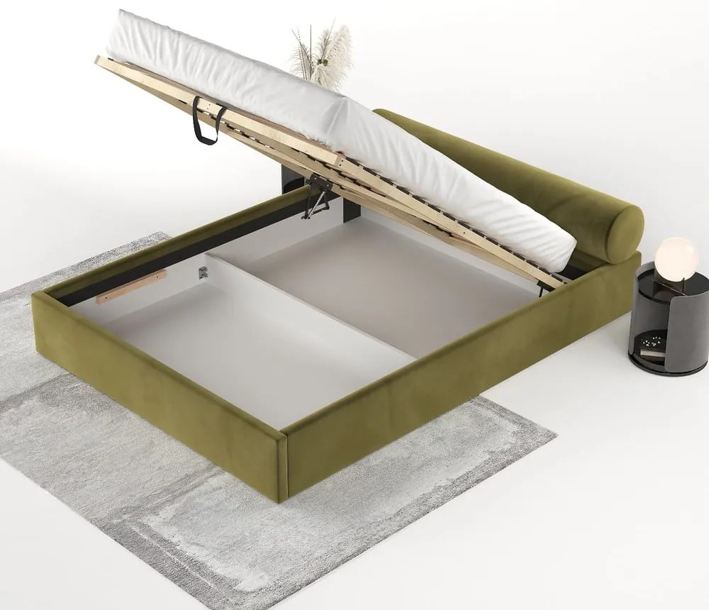 Sötétzöld kárpitozott ágyneműtartós franciaágy ágyráccsal 200x200 cm Solvo – Maison de Rêve