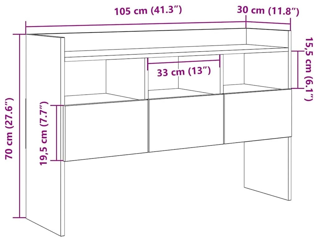 kézműves tölgy színű szerelt fa tálalószekrény 105x30x70 cm