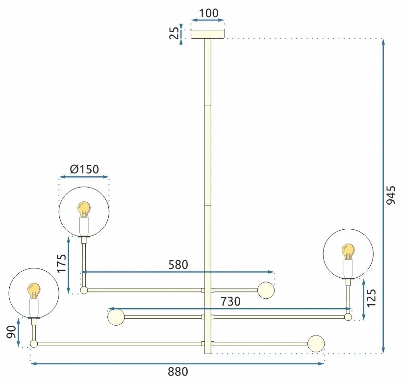 Szerszámlámpa, Függesztett üveggolyós lámpa 3 db APP918-3CP, arany, OSW-03230