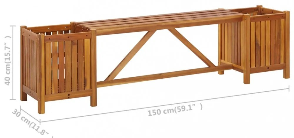 tömör akácfa kerti pad 2 virágtartóval 150 x 30 x 40 cm