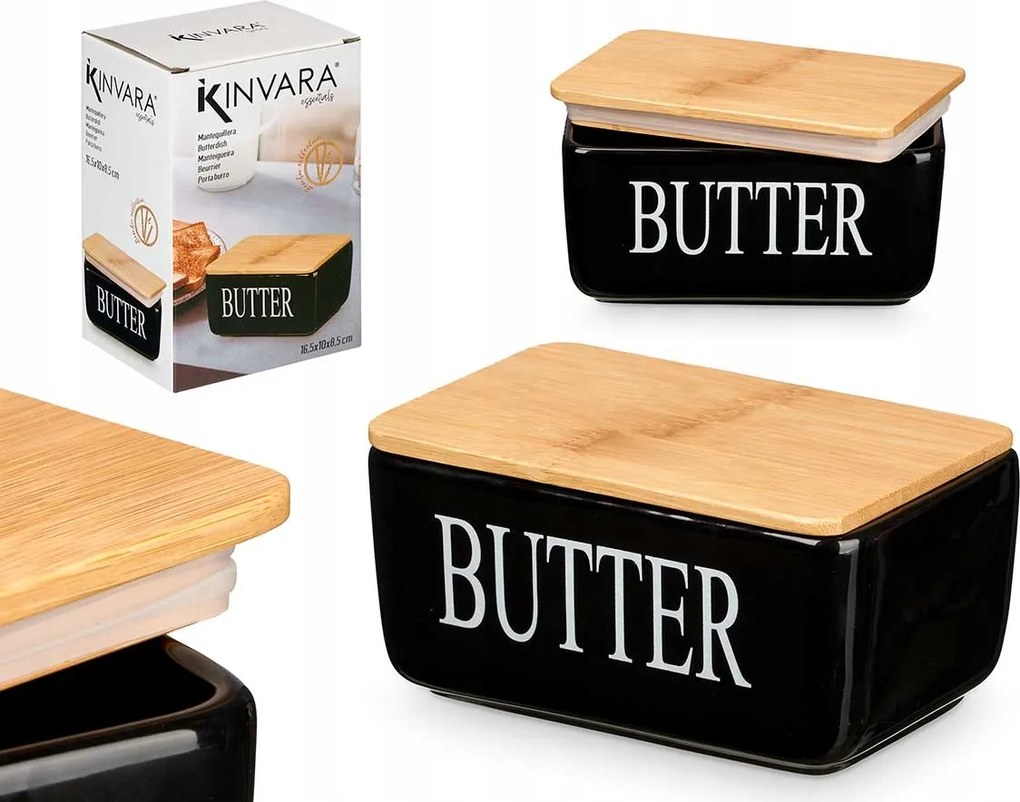 Kerámia vajtartó Maselnica bambusz fedéllel fekete vajtartó