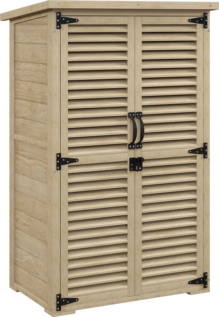 Outsunny Kerti Szerszámtároló Szekrény 2 Polccal Természetes Fa Bitumen Tető Rácsos Ajtókkal Zárható 75 x 50 x 118 | Aosom