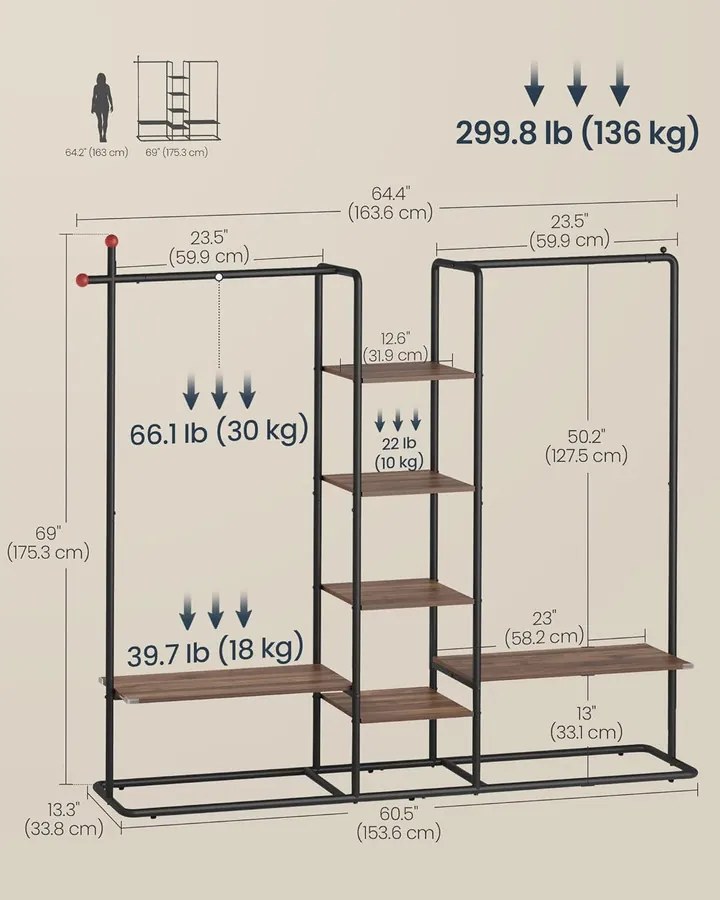 SONGMICS HOME dupla ruhaállvány 6 polccal, 136 kg teherbírás, dió/fekete
