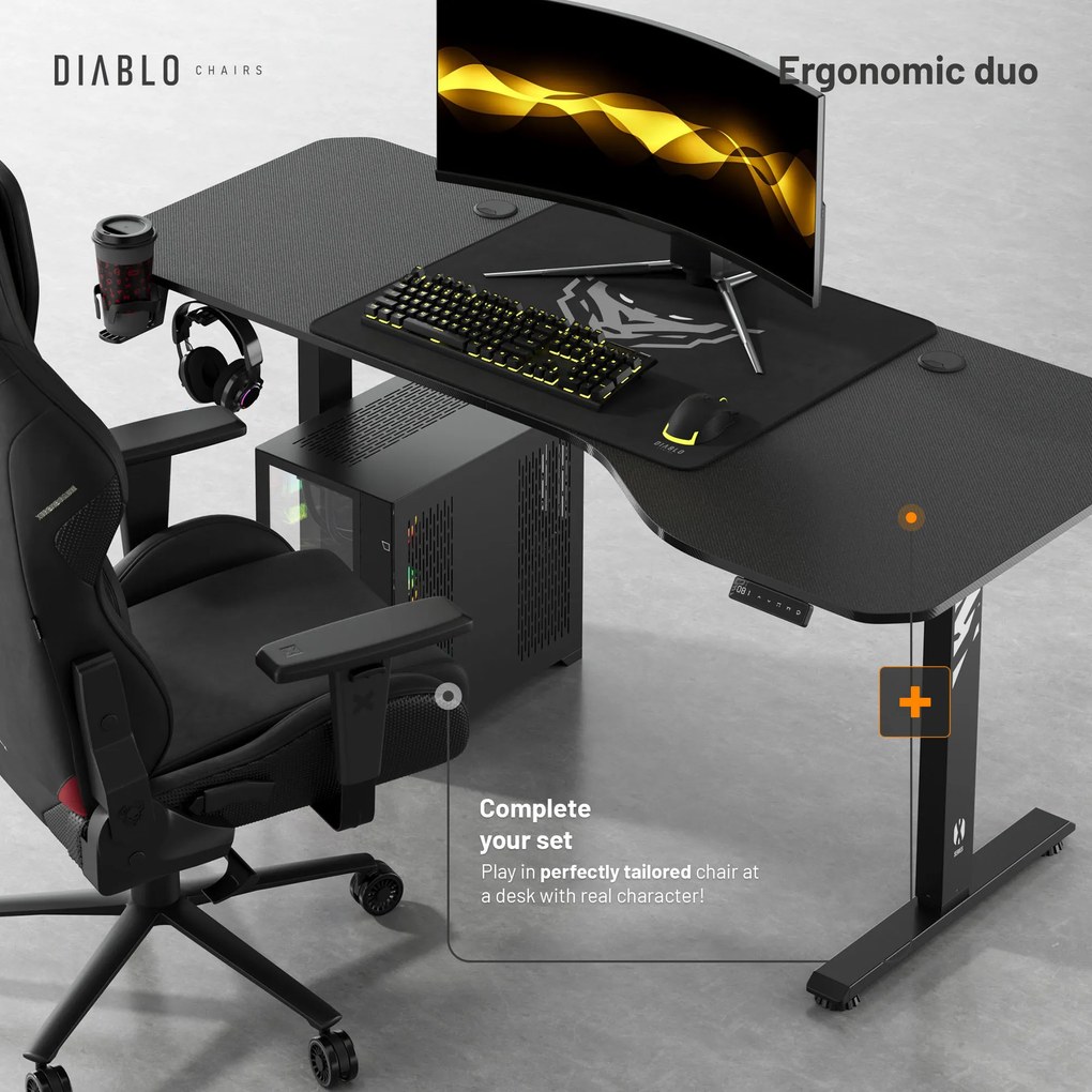 Elektromosan magasságban állítható íróasztal 160 cm fekete: Diablo X-Tensio 1600