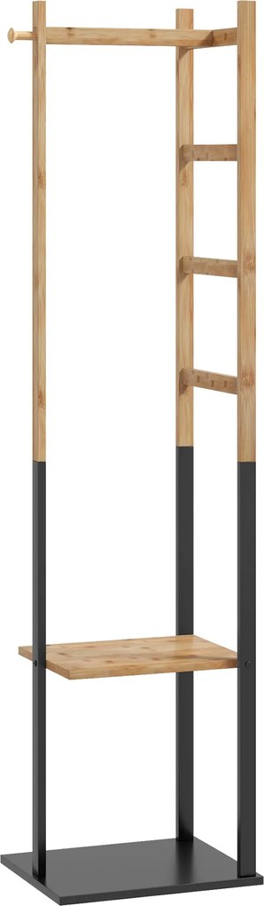 HOMCOM Bambusz Ruhatároló Állvány, Fából készült Gardrób Állvány Rúddal, Polcokkal, Akasztókkal, 4 Oldalsó Rúddal 46L x 28.5W x 153.5H cm | Aosom